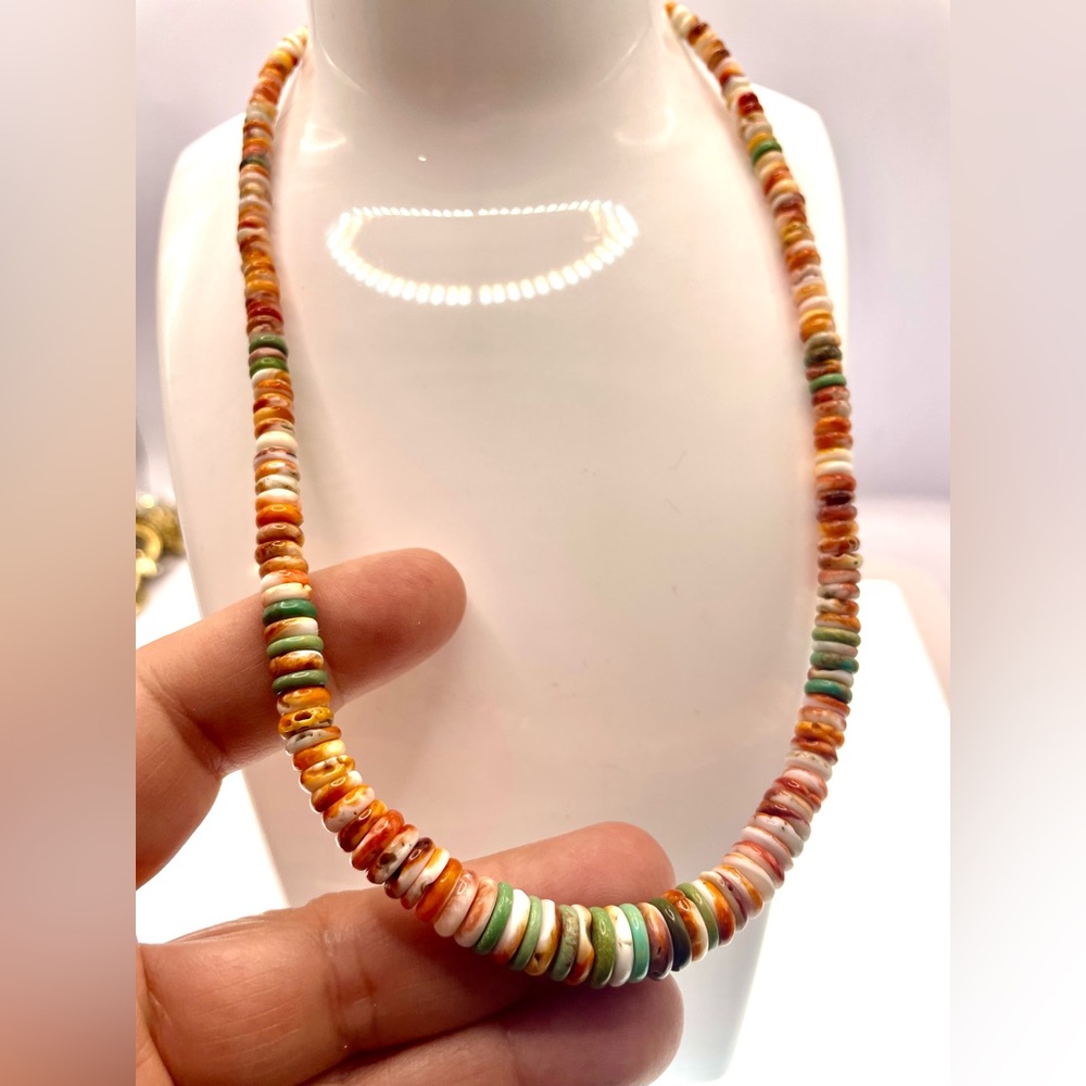 Vintage Spiny Oyster Shell Heishi Necklace Turquoise Beads Southwestern Boho - Picture 5 of 8